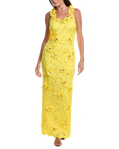 Badgley Mischka Scuba 3d Flowers Gown In Yellow