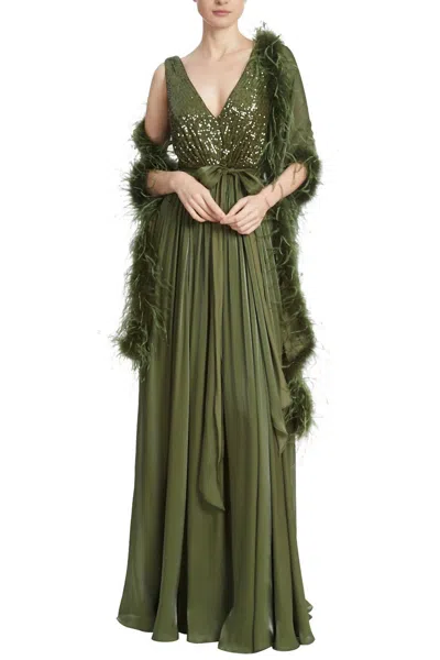 Badgley Mischka Sequin Feather Wrap Gown In Moss In Green