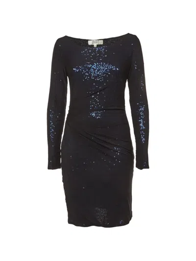Pre-owned Badgley Mischka Sequin Ruched Midi Dress In Black
