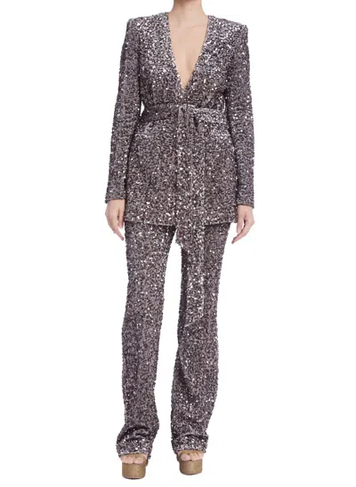 Badgley Mischka Sequin V-neck Wrap Jacket And Pants In Gray