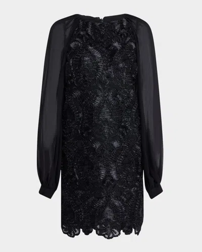 Badgley Mischka Sheer Blouson-sleeve Ribbon Mini Dress In Black