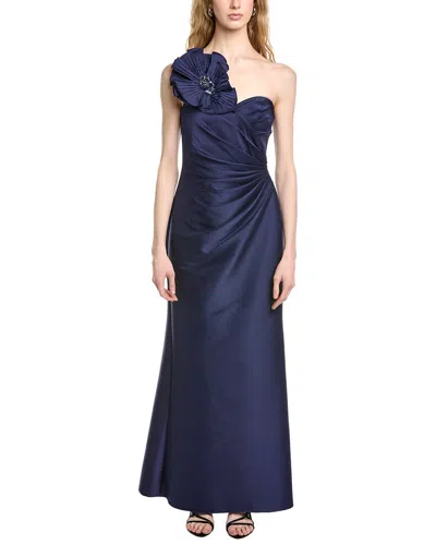 Badgley Mischka Side Drape Flower Shoulder Gown In Blue