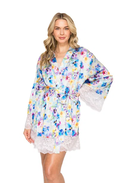 Badgley Mischka Silky Satin & Sparkle Lace Short Wrap Robe In Blue Floral