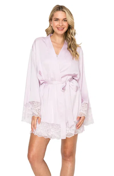 Badgley Mischka Silky Satin & Sparkle Lace Short Wrap Robe In Lilac