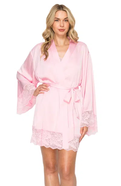 Badgley Mischka Silky Satin & Sparkle Lace Short Wrap Robe In Rose