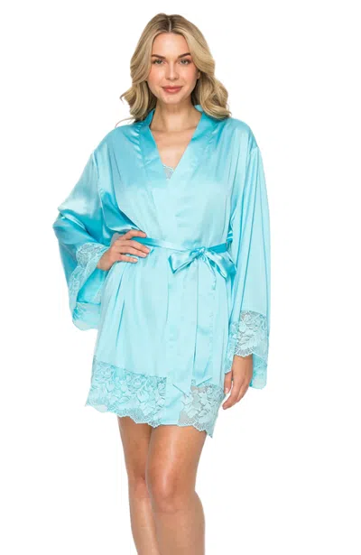 Badgley Mischka Silky Satin & Sparkle Lace Short Wrap Robe In Sky Blue
