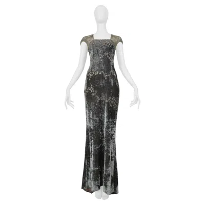 Pre-owned Badgley Mischka Silver Evening Gown With Mesh Yoke, Beading, And Square Cutouts In Black