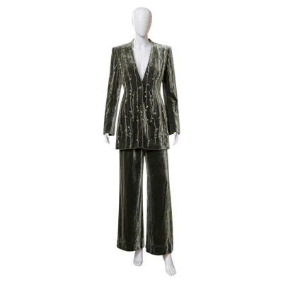 Pre-owned Badgley Mischka Silver Sage Velvet Beaded Evening Pantsuit, Ex. Iris Apfel In Black