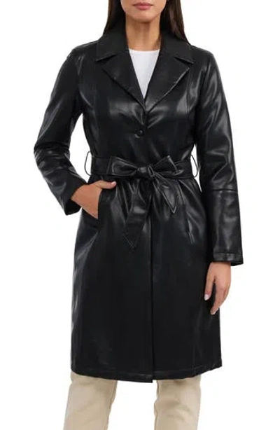 Badgley Mischka Single Breasted Faux Leather Trench Coat In Black