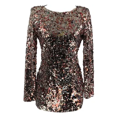 Pre-owned Badgley Mischka Size M Silver Burgundy Sequined Long Sleeve Mini Dress In Red