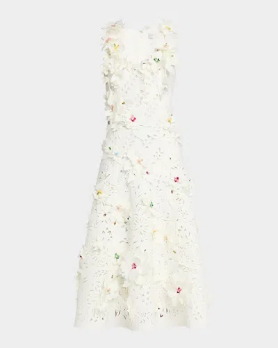 Badgley Mischka Sleeveless Cutout Floral Applique Midi Dress In White