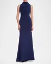 Badgley Mischka Sleeveless Draped High-neck Gown In Navy