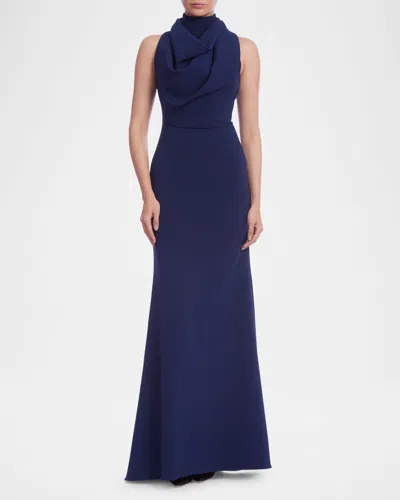 Badgley Mischka Sleeveless Draped High-neck Gown In Marineblau