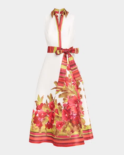 Badgley Mischka Sleeveless Floral-print Mikado Midi Dress In White