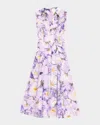 Badgley Mischka Sleeveless Printed Floral Lace Midi Dress In Lilac Multi