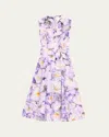 Badgley Mischka Sleeveless Printed Floral Lace Midi Dress In Lilac Multi