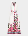 Badgley Mischka Sleeveless Striped & Floral-print Midi Dress In Ivory Multi