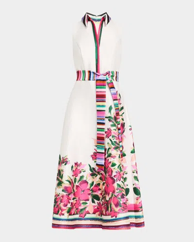 Badgley Mischka Sleeveless Striped & Floral-print Midi Dress In Ivory Multi
