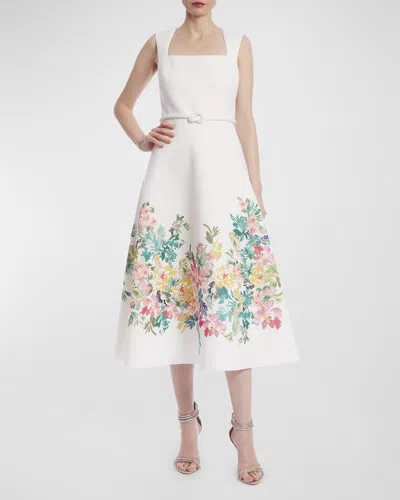 Badgley Mischka Square-neck Floral-print Midi Dress In Ivory Multi