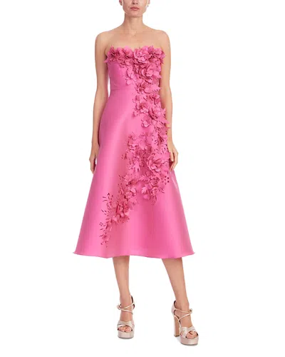 Badgley Mischka Strapless 3d Floral Gazar Midi Dress In Pink