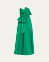 Badgley Mischka Strapless Bow-detailed Satin-twill Gown In Emerald