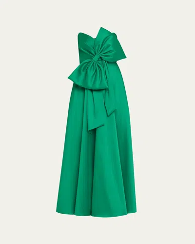 Badgley Mischka Strapless Bow-detailed Satin-twill Gown In Emerald