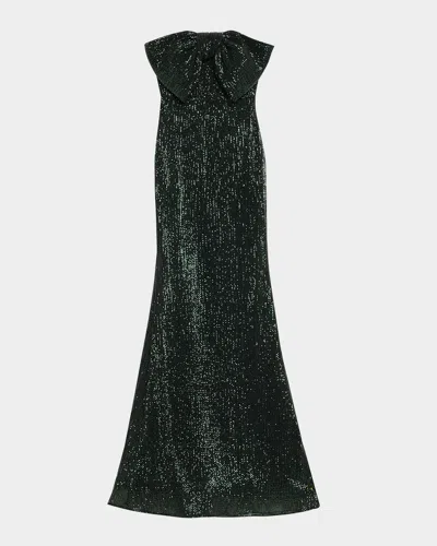 BADGLEY MISCHKA STRAPLESS BOW-FRONT SEQUIN GOWN