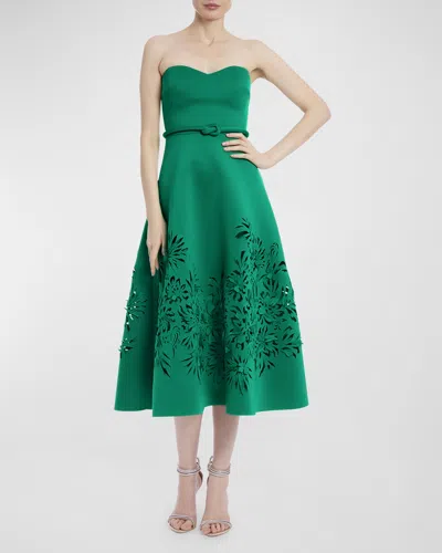 Badgley Mischka Strapless Cutout A-line Midi Dress In Emerald