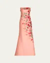 Badgley Mischka Strapless Embellished Floral-print Gown In Pink