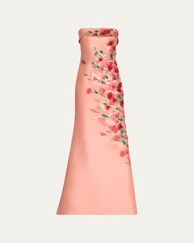 Badgley Mischka Strapless Embellished Floral-print Gown