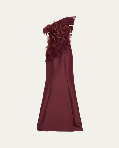 Badgley Mischka Strapless Feather-embellished Fan Ruffle Gown In Wine