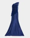 Badgley Mischka Strapless Feather Ruffle Trumpet Gown In Navy