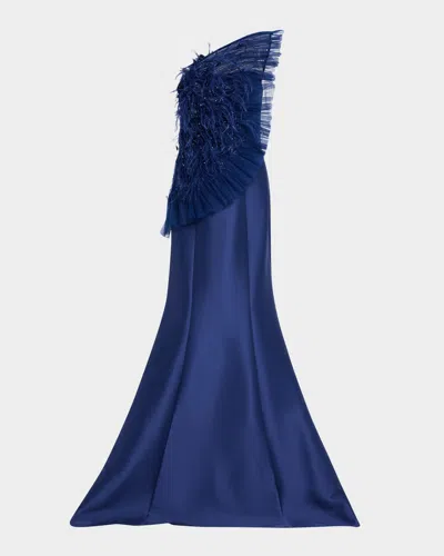 Badgley Mischka Strapless Feather Ruffle Trumpet Gown In Navy