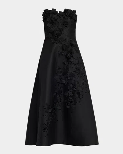 Badgley Mischka Strapless Floral Applique Midi Dress In Black