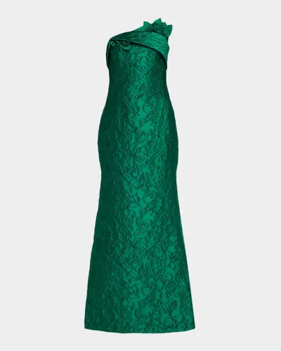 Badgley Mischka Strapless Floral Jacquard Trumpet Gown In Green