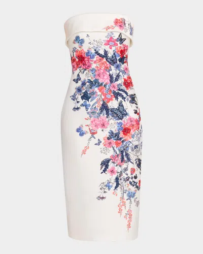 Badgley Mischka Strapless Floral Placement Midi Sheath Dress In White