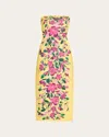 Badgley Mischka Strapless Floral-print Bodycon Midi Dress In Yellow Mint