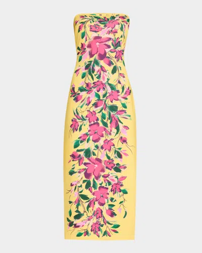 Badgley Mischka Strapless Floral-print Bodycon Midi Dress In Yellow Mint