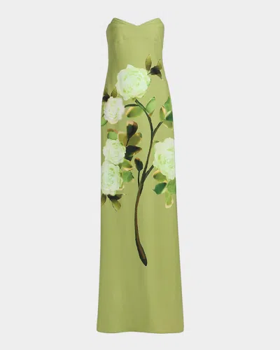 Badgley Mischka Strapless Floral Print Column Gown In Green