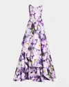 Badgley Mischka Strapless Floral-print Ruffle Gown In Lilac Multi