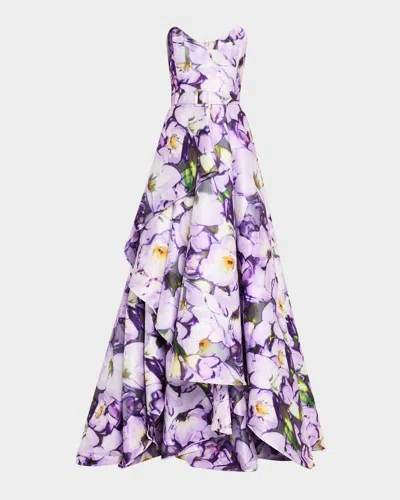 Badgley Mischka Strapless Floral-print Ruffle Gown In Lilac Multi