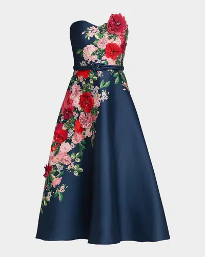 Badgley Mischka Strapless Floral-print Satin Midi Dress In Blue