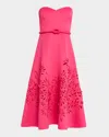 Badgley Mischka Strapless Laser-cut Floral Scuba Midi Dress In Fuchsia