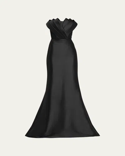 Badgley Mischka Strapless Origami Trumpet Gown In Black