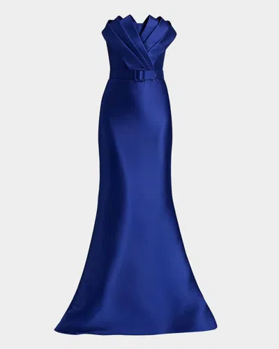 Badgley Mischka Strapless Origami Trumpet Gown In Blue