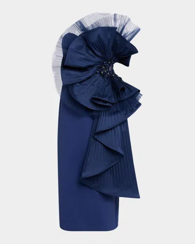 Badgley Mischka Strapless Pleated Fan Midi Sheath Dress In Navy