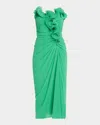 Badgley Mischka Strapless Pleated Georgette Midi Dress In Green