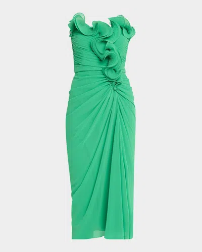 Badgley Mischka Strapless Pleated Georgette Midi Dress