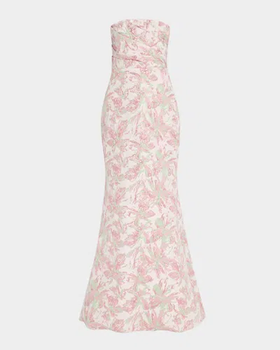 Badgley Mischka Strapless Pleated Metallic Jacquard Gown In Pink Multi
