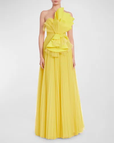 Badgley Mischka Strapless Pleated Ruffle A-line Gown In Lemon